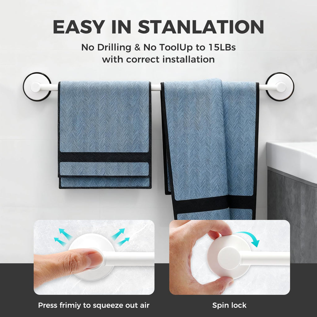 Adjustable Suction Cup Towel Bar for Bathroom Wall,14.6Inch~24 Inch Towel Racks for Bathroom,Stainless Steel Bath Towel Holder for Shower,2 Pack(Matte White)