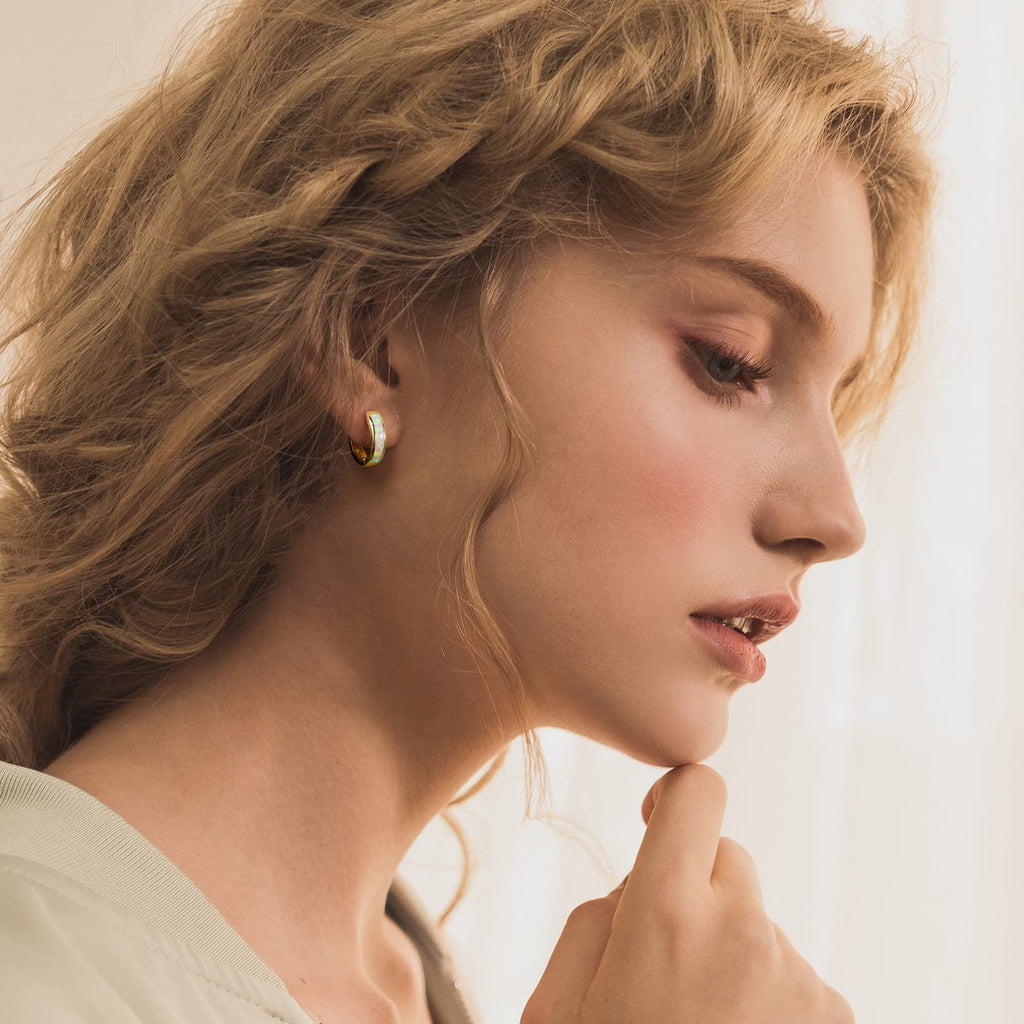 Chunky Small Gold Hoop Earrings for Women Sensitive Ears (04-Set Gold, White Opal)