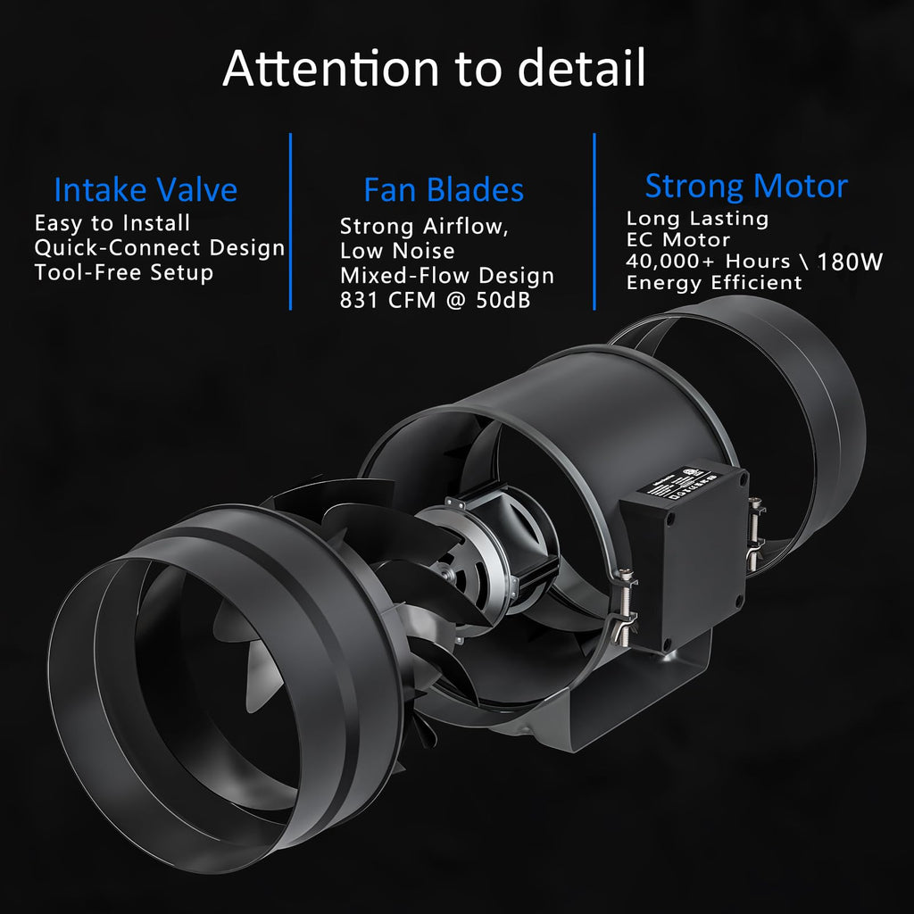 Toolazy 8 Inch Inline Duct Fan 831 CFM, EC Motor Vent Booster Exhaust Fan with 0-100% Variable Speed Controller, Ventilation Fan for Grow Tent, HVAC, Basement, Workshop, Garage, Commercial Space