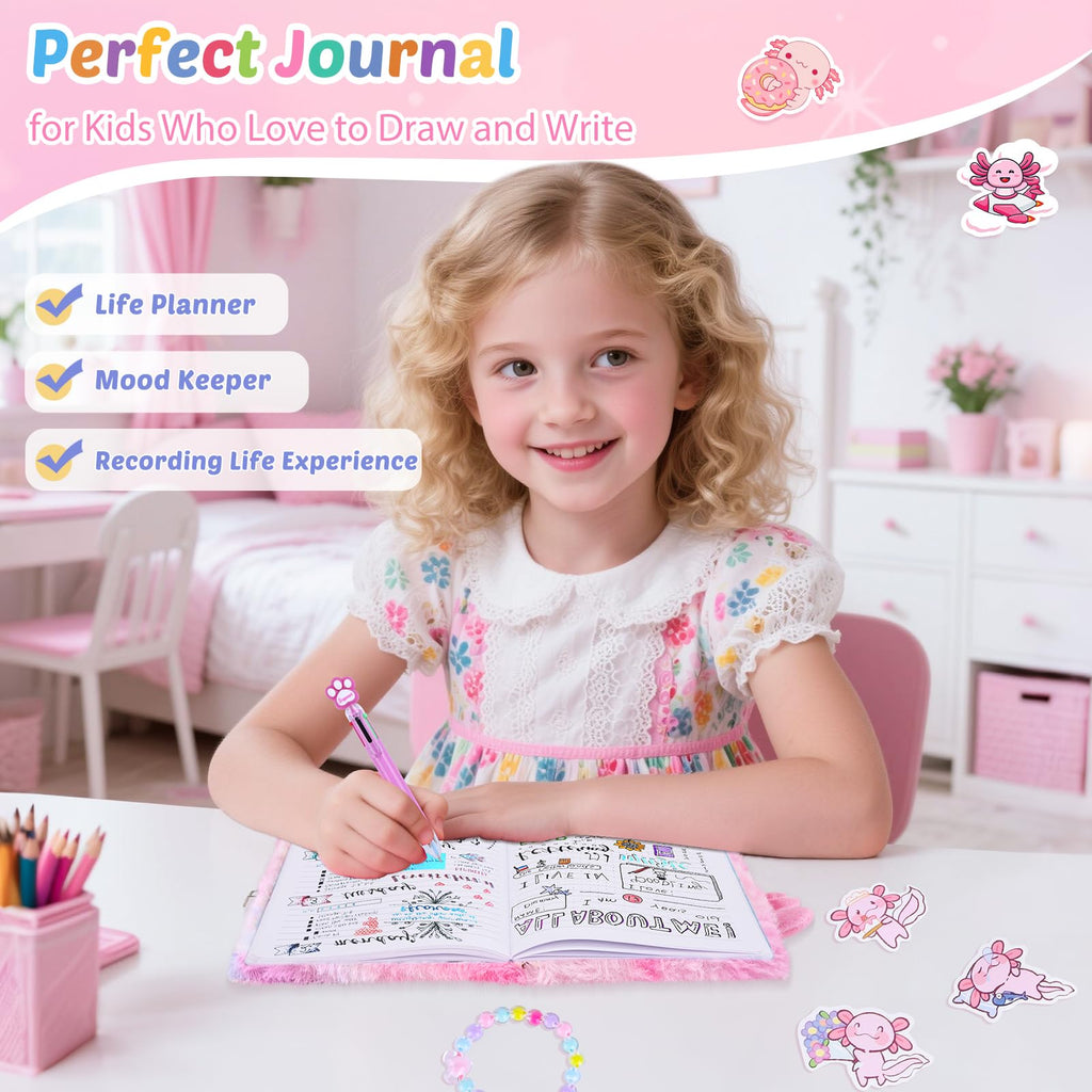 homicozy Axolotl Diary with Lock, Gift for 6 7 8 Year Old Girl, Secret Diary Journal Tie-Dye Fuzzy Notebook with 160 Pages,Cute Stationery Axolotl Gift for Girls