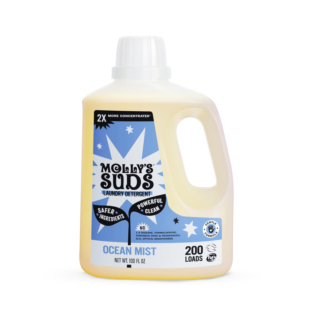Molly's Suds Liquid Laundry Detergent | Clean Laundry Detergent Soap for Sensitive Skin | 2x Concentrated, High Efficiency (HE) (Ocean Mist - 200 Loads)