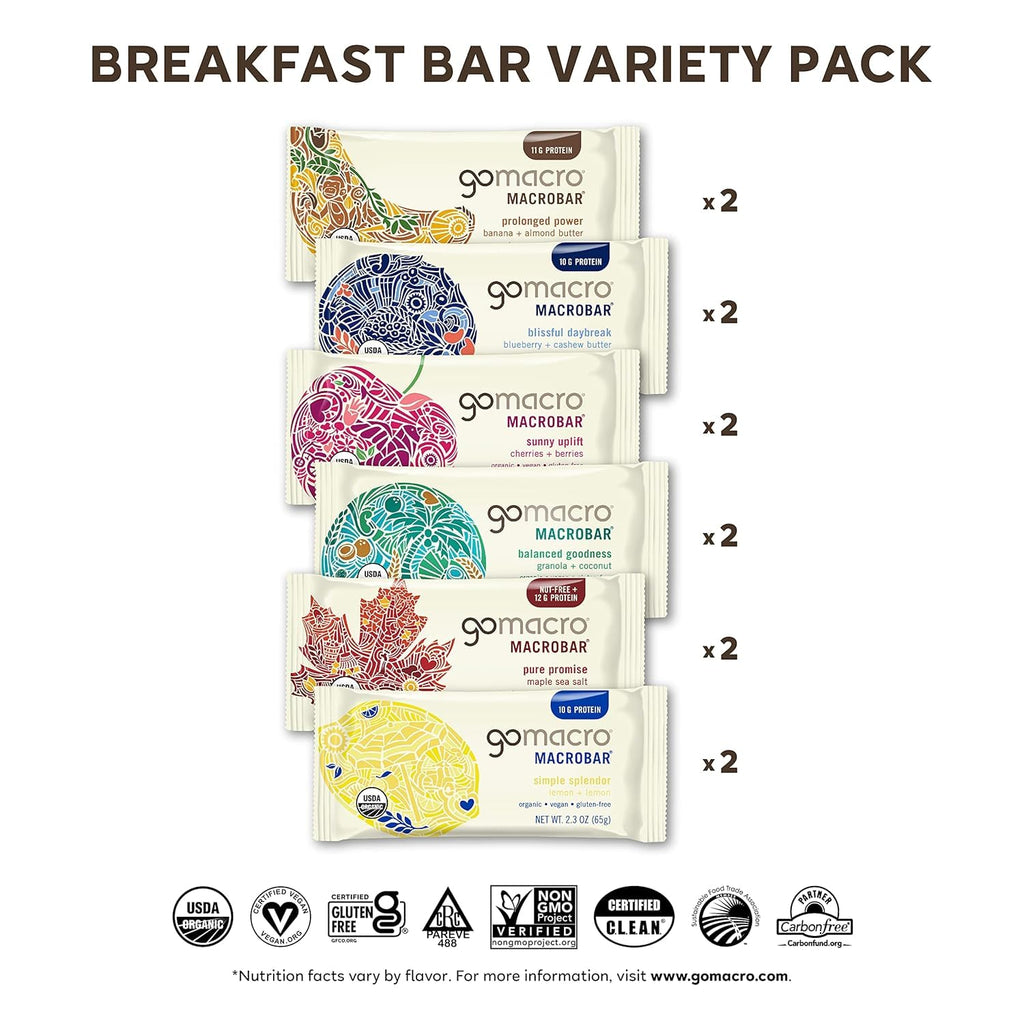 GoMacro Macrobar Organic Vegan Protein Bars, Breakfast Variety Pack, 12 Count