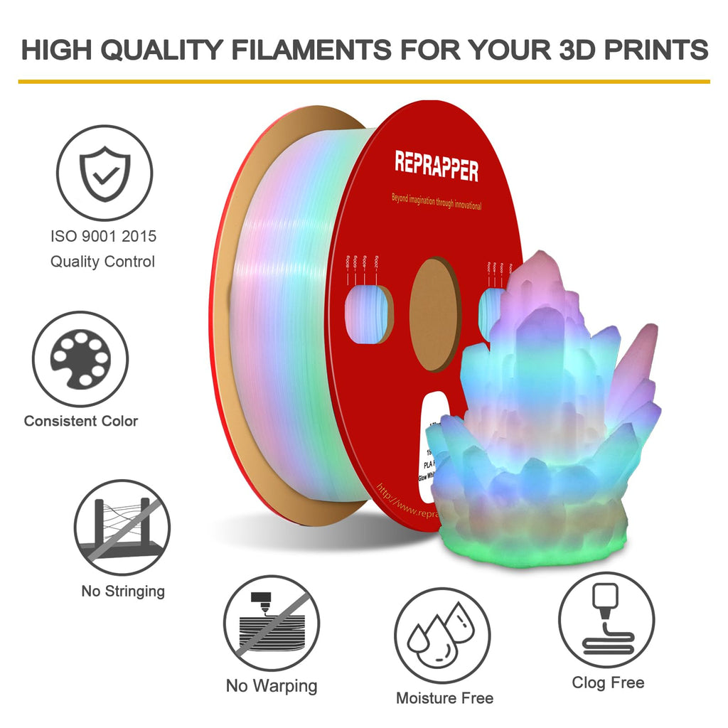 RepRapper Glow in the Dark White to Rainbow PLA Filament 1.75mm (+- 0.03mm) 2.2lb (1kg) for 3D Printer, White Material with Rainbow Multicolor Glow Effect