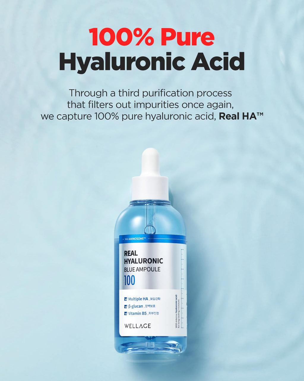 WELLAGE Real Hyaluronic Blue Ampoule 100, Korean Hydrating Serum for Face, Hyaluronic Acid Serum with Panthenol for Sensitive Skin, (3.38Fl.oz + 2.53Fl.oz)
