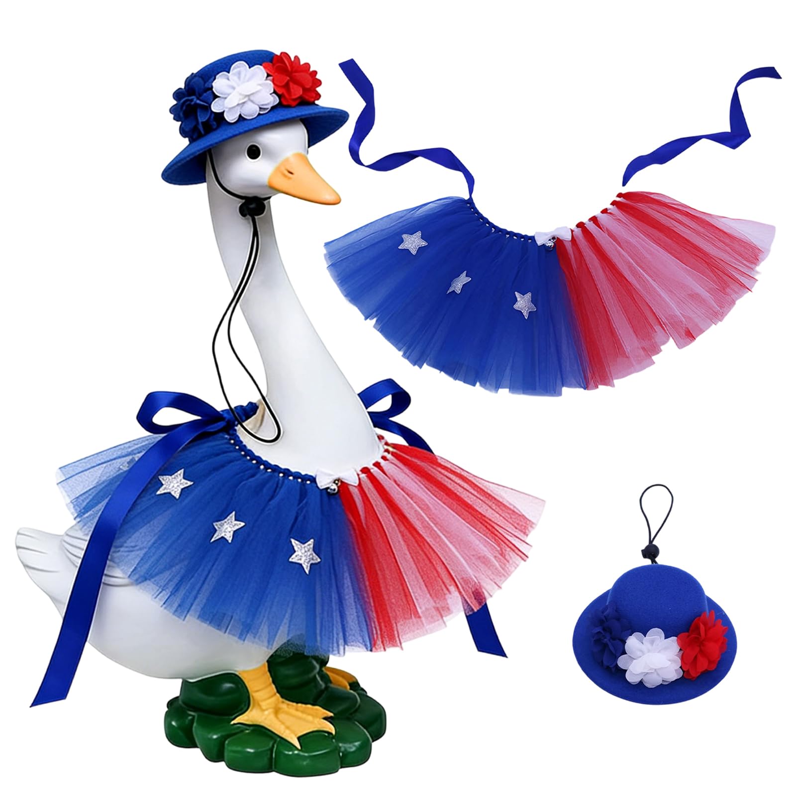 250 Anniversary 4th of July Porch Goose Outfits, 2-Piece Flower Hat Star Skirt for 17" & 23" Lawn Goose Decor, Independence Day Lawn Goose Costume for Garden Resin Porch Goose Decorations