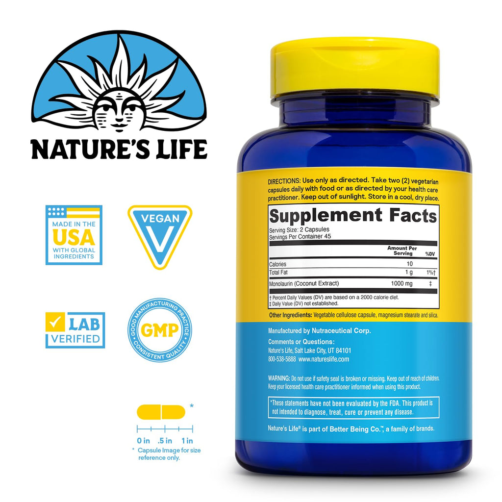 Nature's Life Monolaurin 1000 mg, Nourishing Monolaurin from Natural Raw Coconut, Immune Support Supplement, Gut Health, Balanced Gut Flora, 60-Day Guarantee, 45 Servings, 90 Vegetarian Capsules