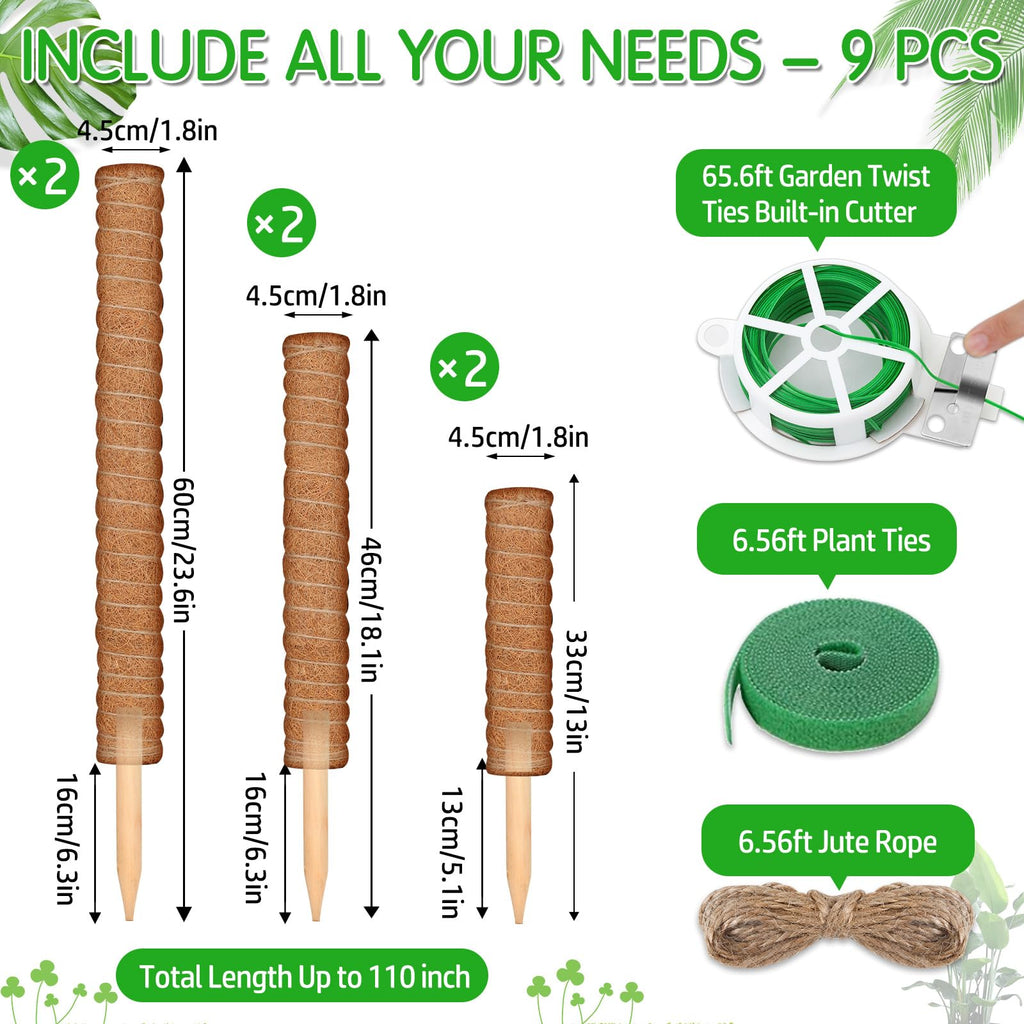 ROADPLUM 102 Inch Moss Pole for Plants Indoor (2*21.7", 2*16.5", 2*12.6") 6Pcs Coco Coir Pole Monstera Plant Support Pole for Plants Climbing with 65.6ft Twist Tie, Plant Tie and Jute Rope for Potted