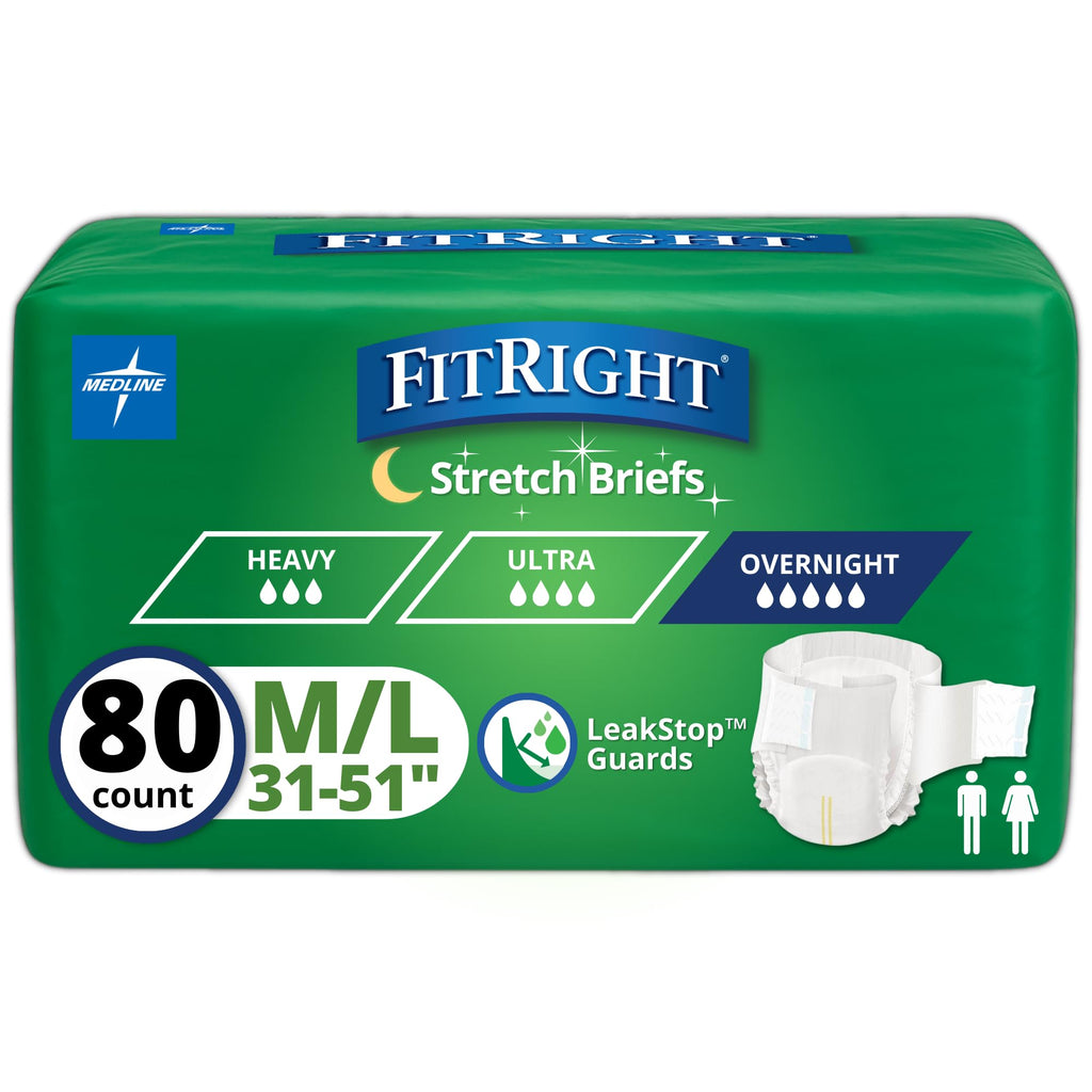 FitRight Stretch Briefs Overnight Adult Diapers, 80 Count, Waist Size 31"-51",Size M-L, Incontinence Briefs for Men and Women, Disposable, Moisture Wicking, Leak Protection