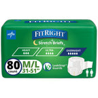 FitRight Stretch Briefs Overnight Adult Diapers, 80 Count, Waist Size 31"-51",Size M-L, Incontinence Briefs for Men and Women, Disposable, Moisture Wicking, Leak Protection