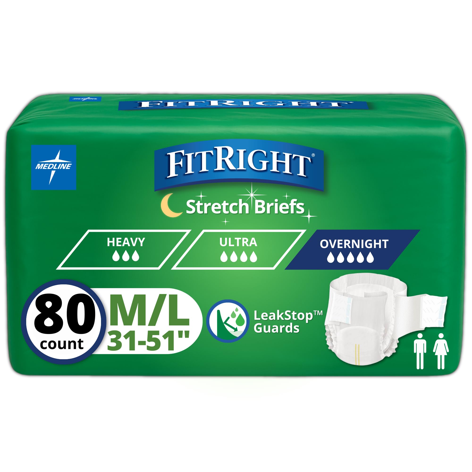 FitRight Stretch Briefs Overnight Adult Diapers, 80 Count, Waist Size 31"-51",Size M-L, Incontinence Briefs for Men and Women, Disposable, Moisture Wicking, Leak Protection