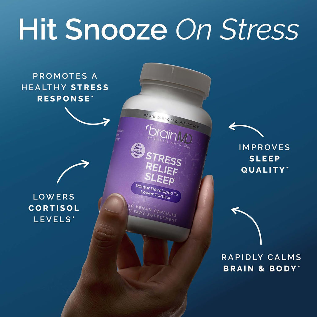 BRAINMD Stress Relief & Sleep Supplement - Natural Calming Formula with GABA & Magnesium - 60 Capsules