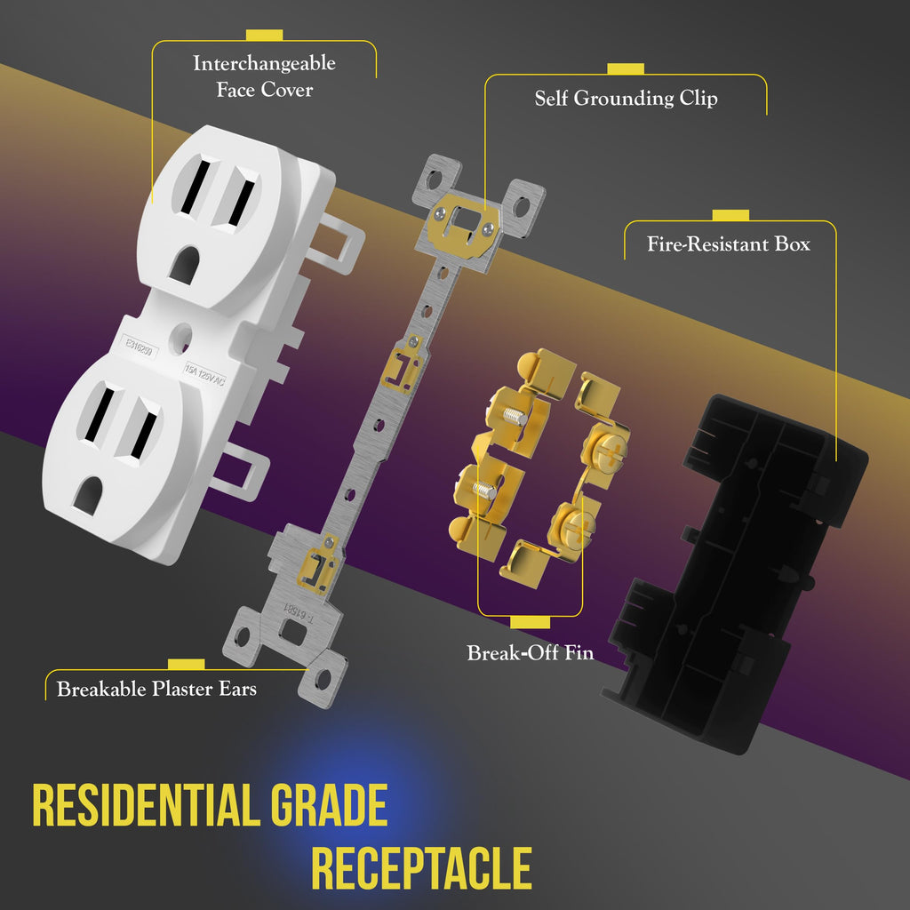 ENERLITES Duplex Receptacle Outlet, Residential Grade Electrical Wall Outlet, 15A 125V, Self-Grounding, 2-Pole, 3-Wire, UL Listed, 61581-W-10PCS, White (10 Pack)