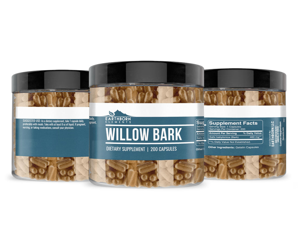 Earthborn Elements Willow Bark Extract (200 Capsules) Pure & Undiluted, No Additives