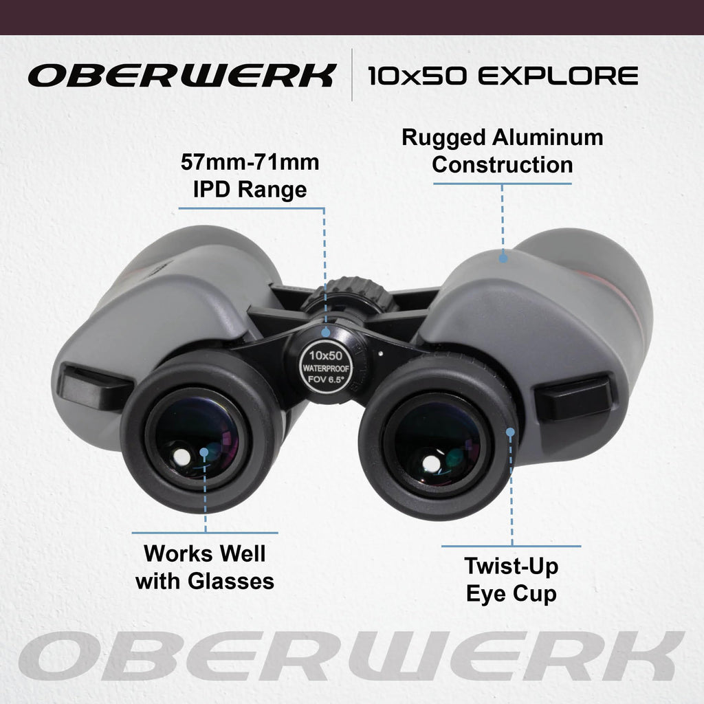 Oberwerk 10x50 Explore Binoculars - Compact & Lightweight Binoculars for Adults | Bird Watching, Hiking, & Outdoor Use | Wide 6.0° FOV | Fully Multi-Coated & Waterproof | Includes Case & Neck Strap