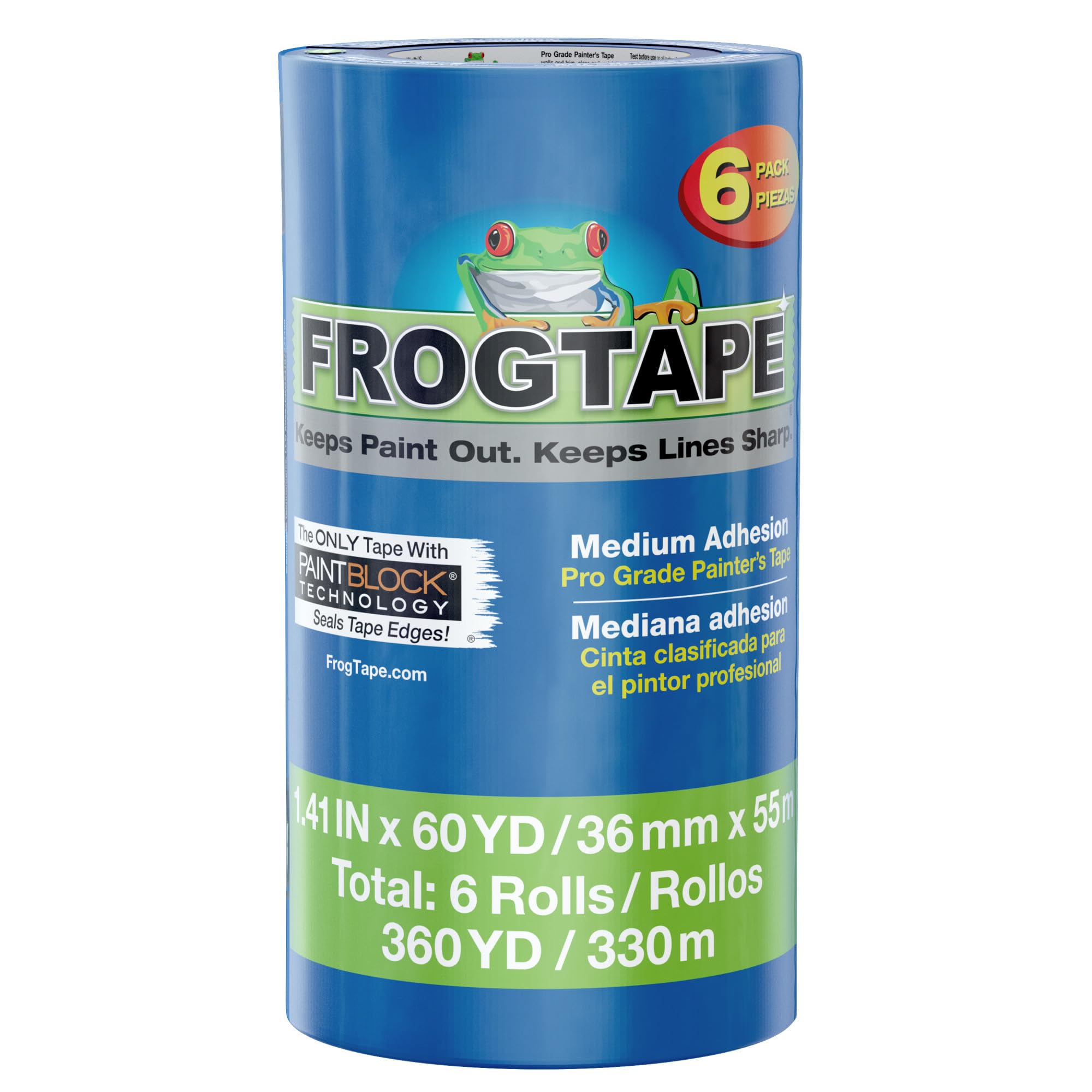 FrogTape ProGrade Blue Painters Tape with PAINTBLOCK, 1.5 Inch Wide (1.41 In. x 60 Yds), Medium Adhesion, Blue, 6 Rolls (242750)