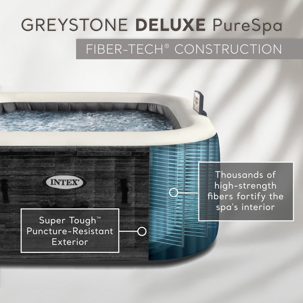 Intex PureSpa Greystone Deluxe 4 Person Square Inflatable Hot Tub, Bubble Massage Spa Set, Energy Efficient & Saltwater Compatible (Cell Not Included), 69 in x 28 in