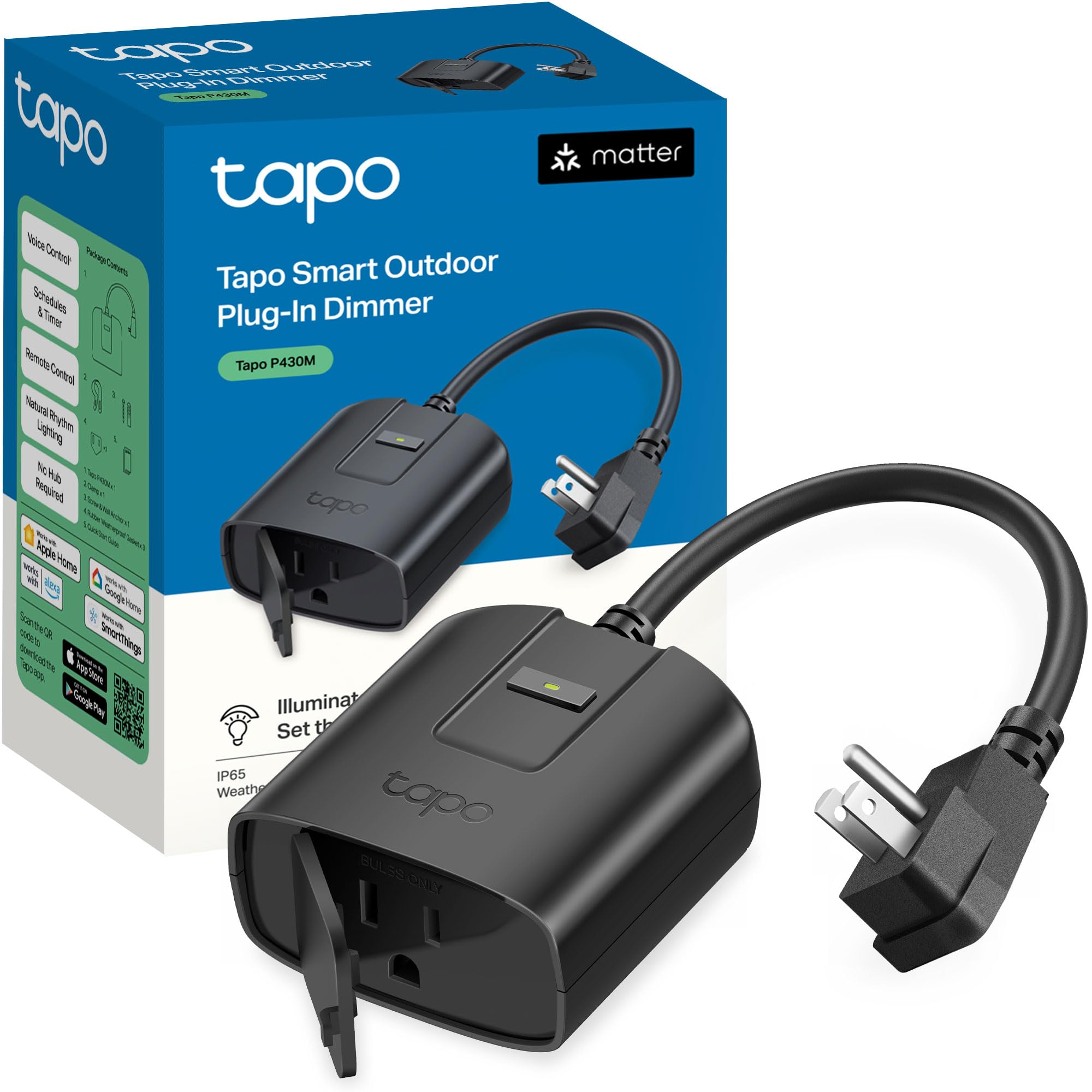 Tapo Outdoor Smart Dimmer Plug for Outdoor Lights, Matter, Energy Monitoring, App Control, IP65 Weather Resistant, Works with Siri, Alexa, Google, ETL Certified, 150WLED/CFL, 2.4GHZ WiFi Only, P430M