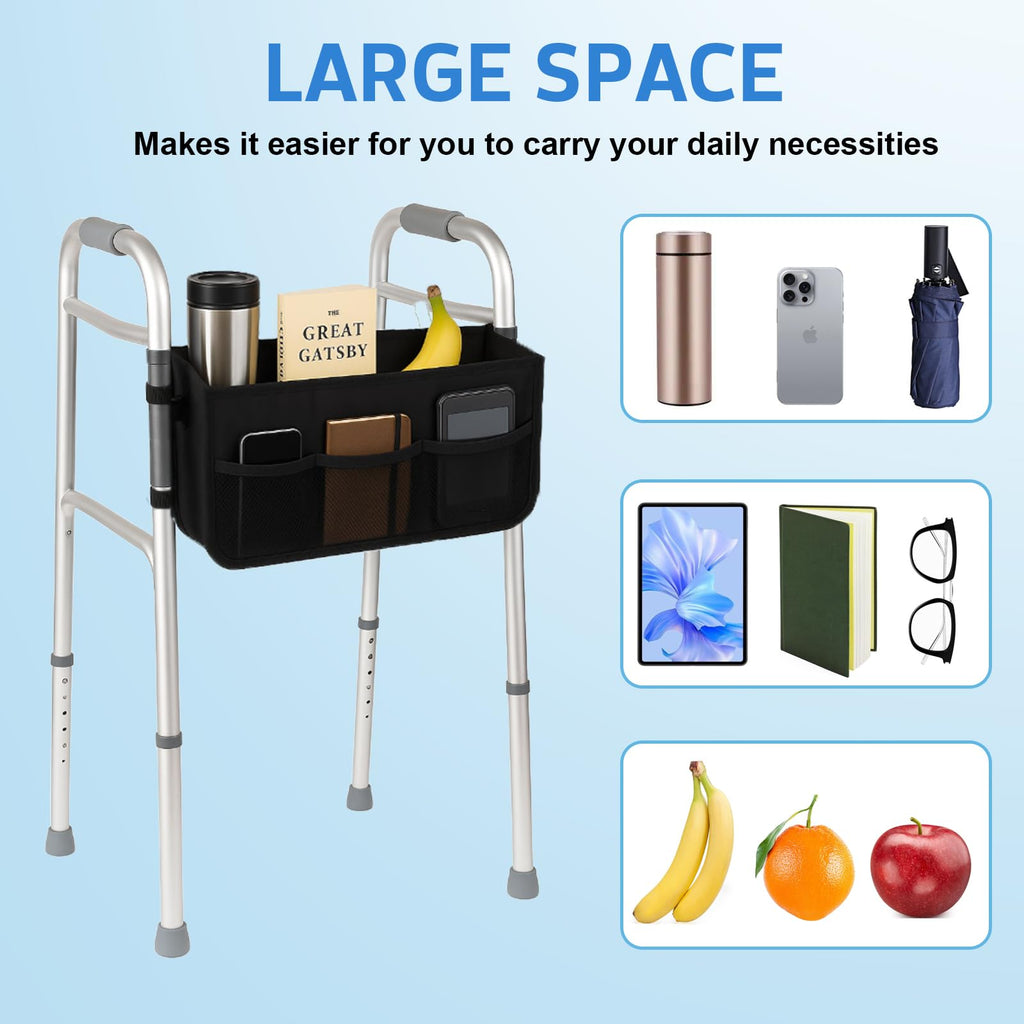 Walker Basket - Foldable Walker Bag with Cup Holder - Fits Folding Walkers - Ideal Walker Accessories for Seniors with Limited Mobility to Carry Water Bottles, Books, Essentials & More