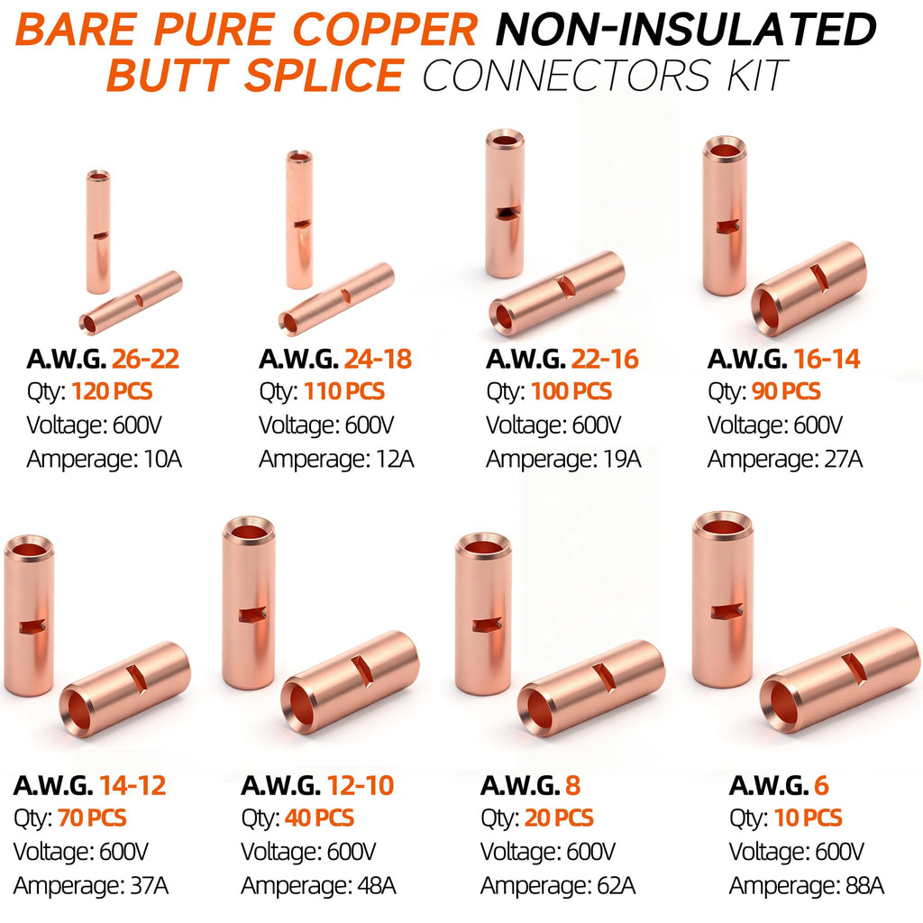 SVAAR 560 PCS 26-6 AWG Non-Insulated Butt Connectors Crimp Repair Butt Splices Kit, Uninsulated Butt Splice Connectors for 26 to 6 Gauge Wire, Heavy Duty Pure Copper Seamless Barrel Butt Terminals
