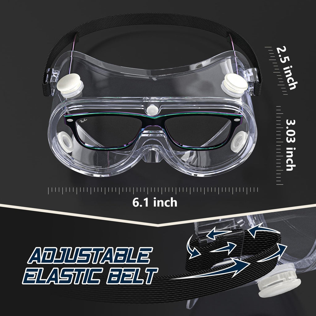 VOOVAO 3 Pack Anti-fog Safety Goggles ANSI Z87.1,Adjustable Chemistry Lab Goggles Over Glasses