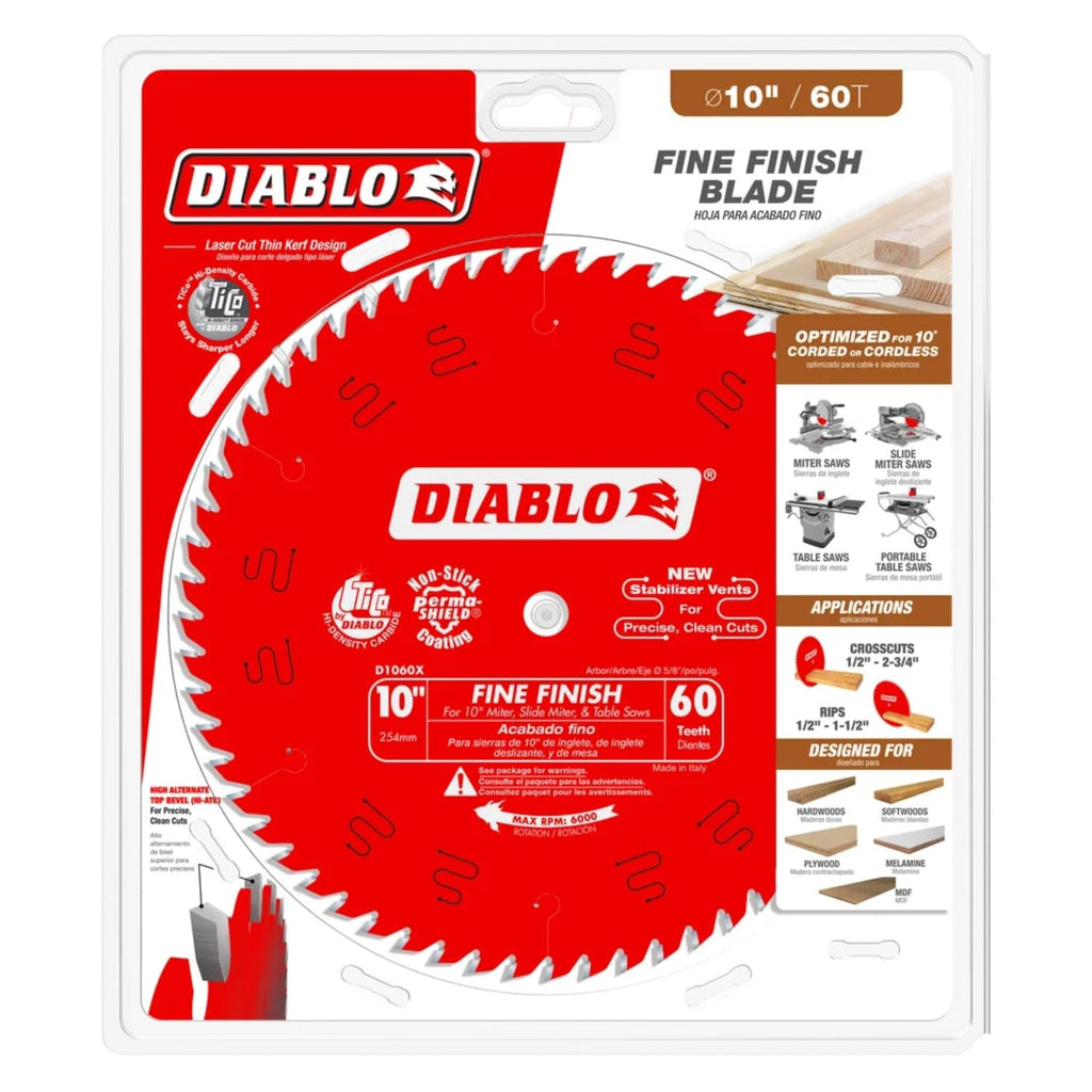 Diablo Fine Finish Saw Blade for Wood - Ultra-Smooth Cuts, 60 Hi-ATB Teeth, 10" Diameter, .098" Kerf, 5/8" Arbor - D1060X