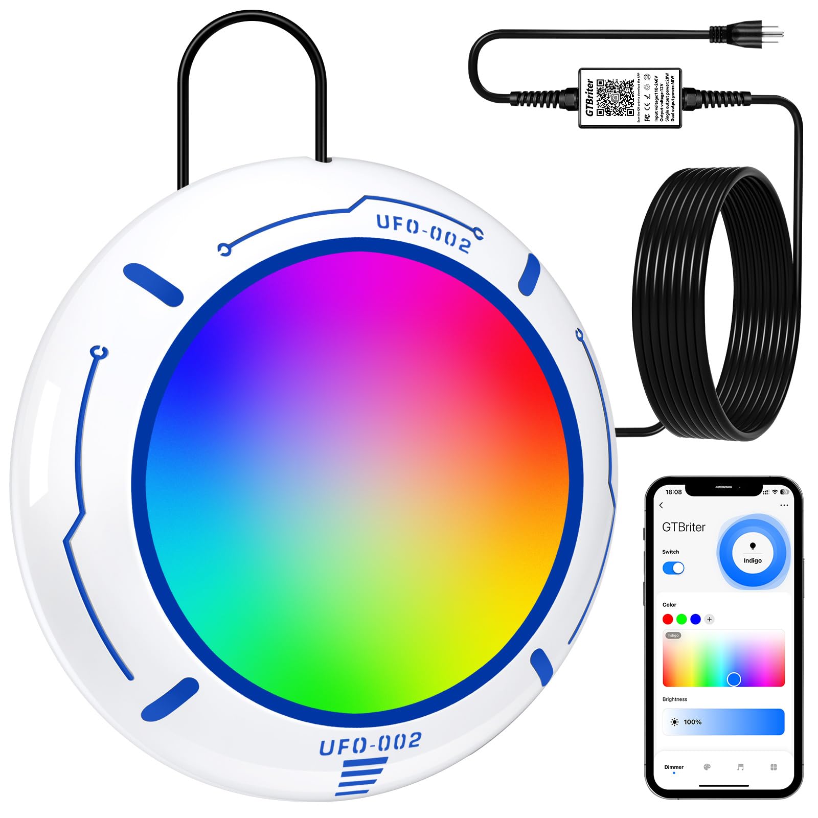 Above Ground Pool Lights with APP Control 20W RGB Dimmable LED Pool Lights with Suction Cups and Built-in Magnets 12V Underwater Pool Light for Above ground Inground Pools IP68 Waterproof 28FT Cord W