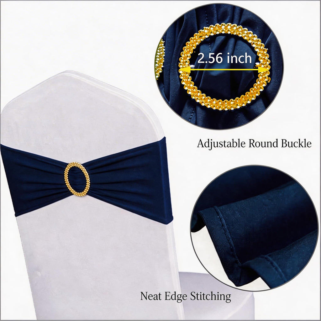 Pack of 50 Spandex Navy Blue Chair Sashes with Gold Buckles, Stretch Chairs Sashes for Wedding Party Baby Shower Ceremony Event Decorations Chair Bands Bows (Navy Blue Sashes, Gold Buckles)