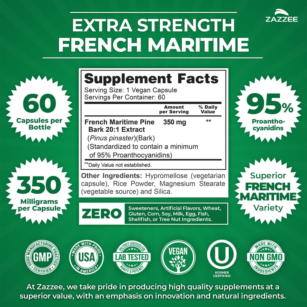Zazzee Extra Strength French Maritime Pine Bark Extract 20:1, 350 mg Per Capsule, 95% Proanthocyanidins, 60 Vegan Capsules, 2 Month Supply, Certified Kosher, Antioxidant Support, Non-GMO, Made in USA