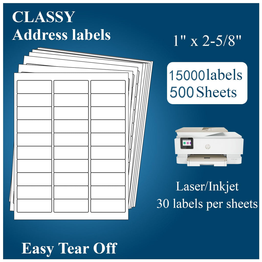 (500 Sheets, 15000 Labels) Sticker Paper, 1" x 2 5/8" Shipping Address Labels, 30 Per Page Self Adhesive Mailing Label for Laser and Inkjet Printers