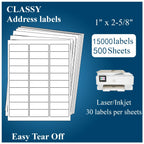 (500 Sheets, 15000 Labels) Sticker Paper, 1" x 2 5/8" Shipping Address Labels, 30 Per Page Self Adhesive Mailing Label for Laser and Inkjet Printers