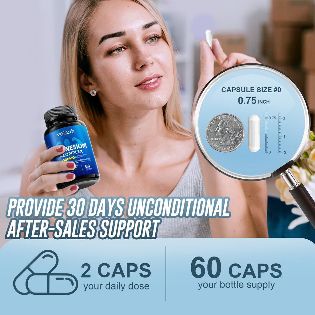 Magnesium 7 Complex Supplement Advanced with Glycinate Citrate Malate Chelate Taurate Orotate Aspartate, Capsules with Zinc, Vitamin D3 & B6 for Sleep, Muscle Relief, 60 Capsules