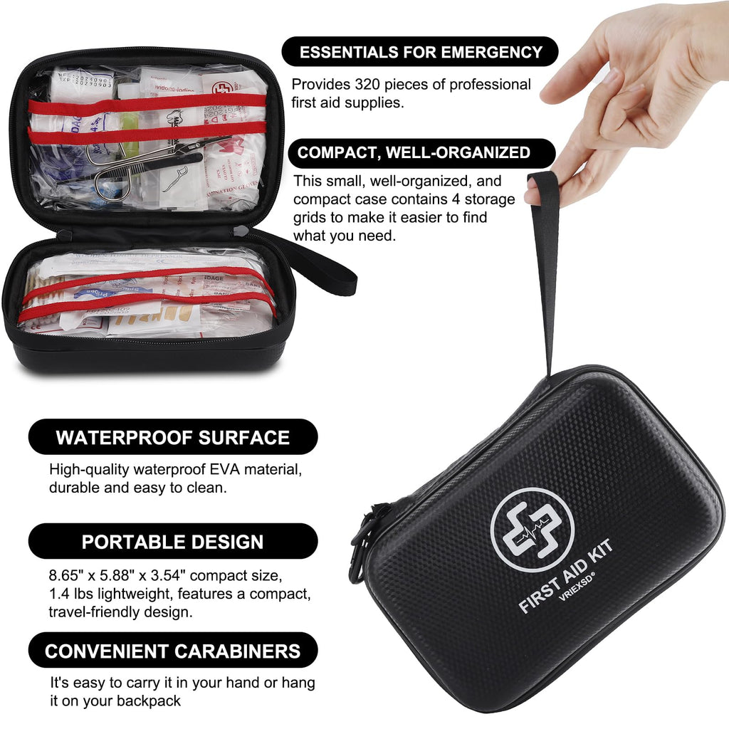 VRIEXSD Premium First Aid Kit, 320 Piece Waterproof Hard Shell Eva First Aid Kit for Home, Camping, Cars, Hiking, Travel, Businesses & Outdoor Emergencies - Emergency Medical Kits (Black)