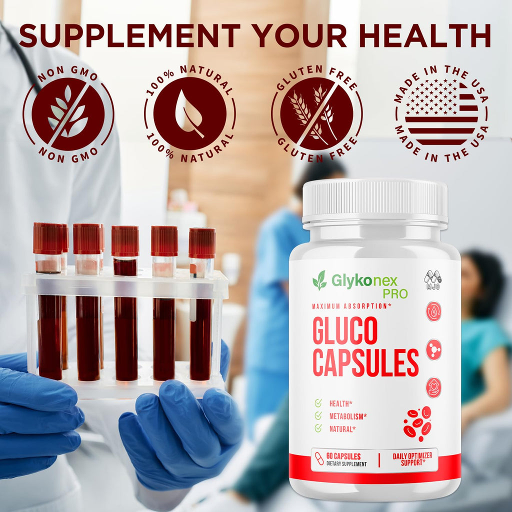 Gluco Capsules, Official Glykonex Pro Gluco Pills with All Natural Ingredients, Maximum Strength Glykonix Supplement Premium Vitamins Supporting Optimal Wellness and Health Naturally (60 Capsules)