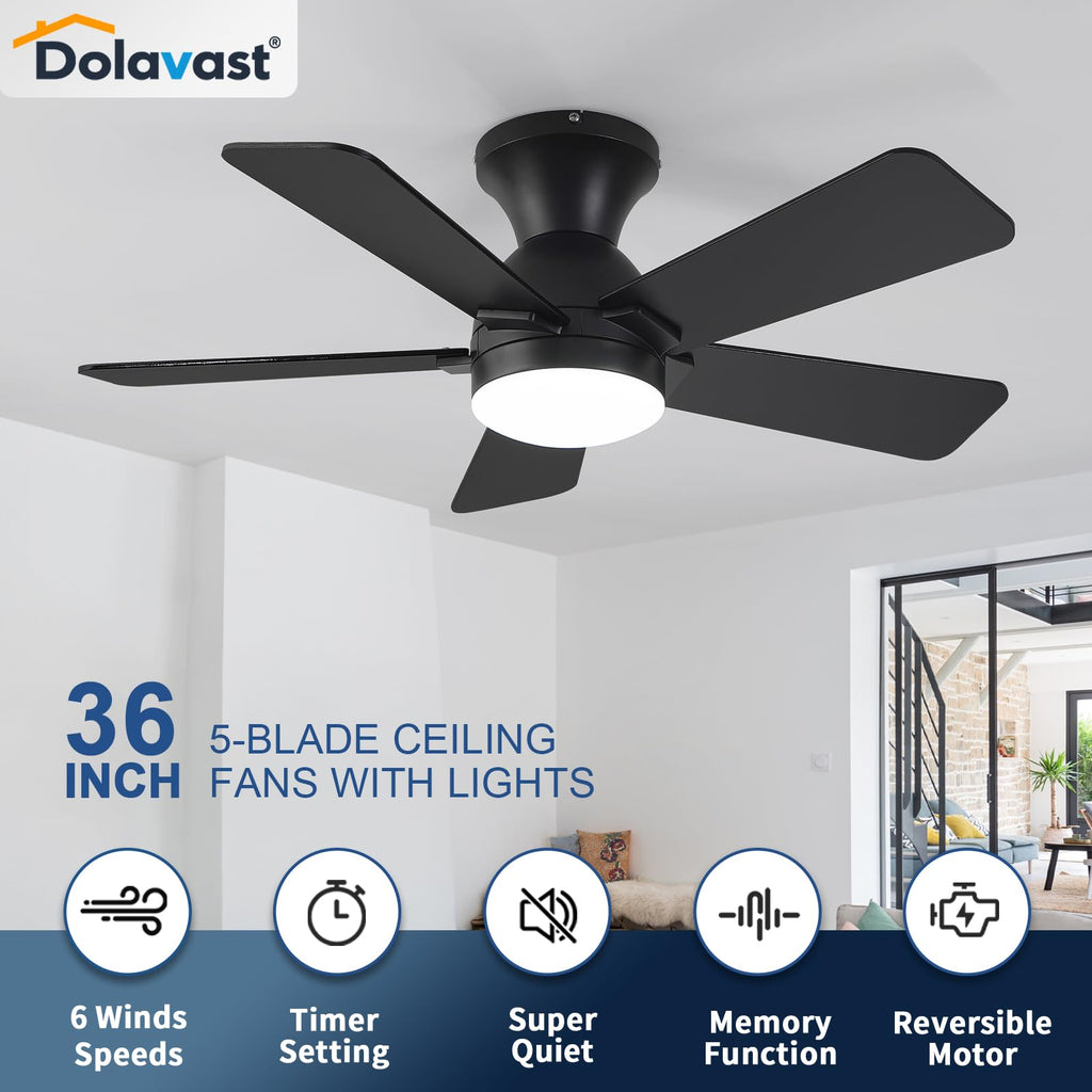 Dolavast Ceiling Fans with Lights, 36 Inch Low Profile Ceiling Fan with Light and Remote Control, Flush Mount, Reversible, 3CCT, Dimmable LED, Quiet, Black Ceiling Fan for Bedroom, Kitchen, Office