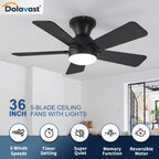 Dolavast Ceiling Fans with Lights, 36 Inch Low Profile Ceiling Fan with Light and Remote Control, Flush Mount, Reversible, 3CCT, Dimmable LED, Quiet, Black Ceiling Fan for Bedroom, Kitchen, Office