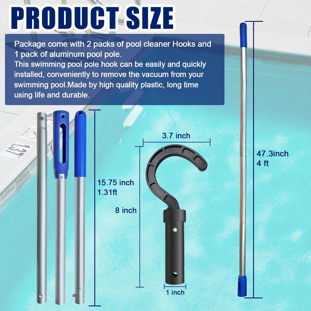 Hook for Robotic Pool Cleaner with Adjustable Aluminum Pool Pole, Accessories Hooks with 5.2 Feet Pole for All Pool Vacuum Robot Including Cordless,2PCS Hooks and 1 Pool Pole