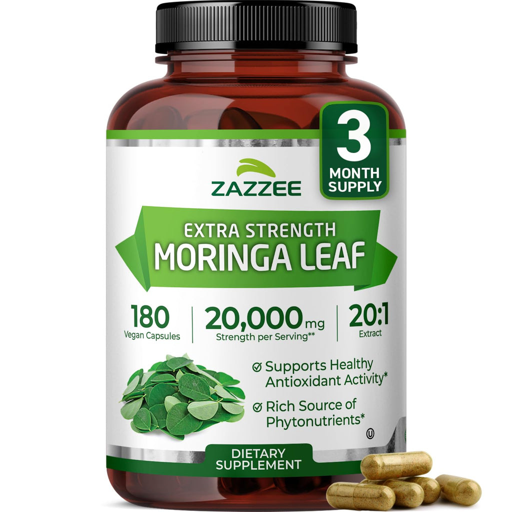 Zazzee USDA Organic Moringa Oleifera Leaf Extract 20:1, 20,000 mg Equivalent, 180 Vegan Capsules, Certified Kosher, High Potency Superfood Supplement, Antioxidant & Cellular Support, Made in The USA