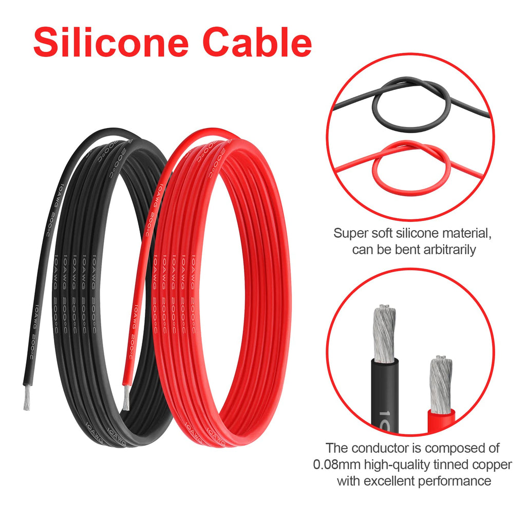 10 AWG Gauge Silicone Wire Electrical Cable（25ft red &25ft Black） Soft & Flexible 0.08 mm Tinned Copper core High Temperature Resistant Silicone Wire for Arduino Projects, RC Cars, Boat, Drones etc.