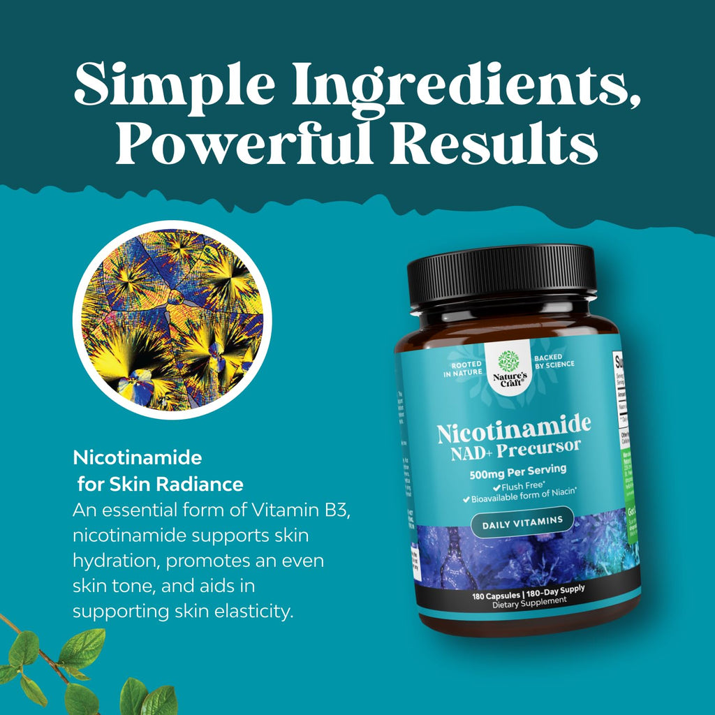Vitamin B3 Niacinamide 500mg Capsules - Mitochondrial Energy and Potent Skin Supplement - AKA Vitamin B3 Niacin Flush Free and Nicotinamide 500mg - Flush Free Niacin Supplement - 180 Count