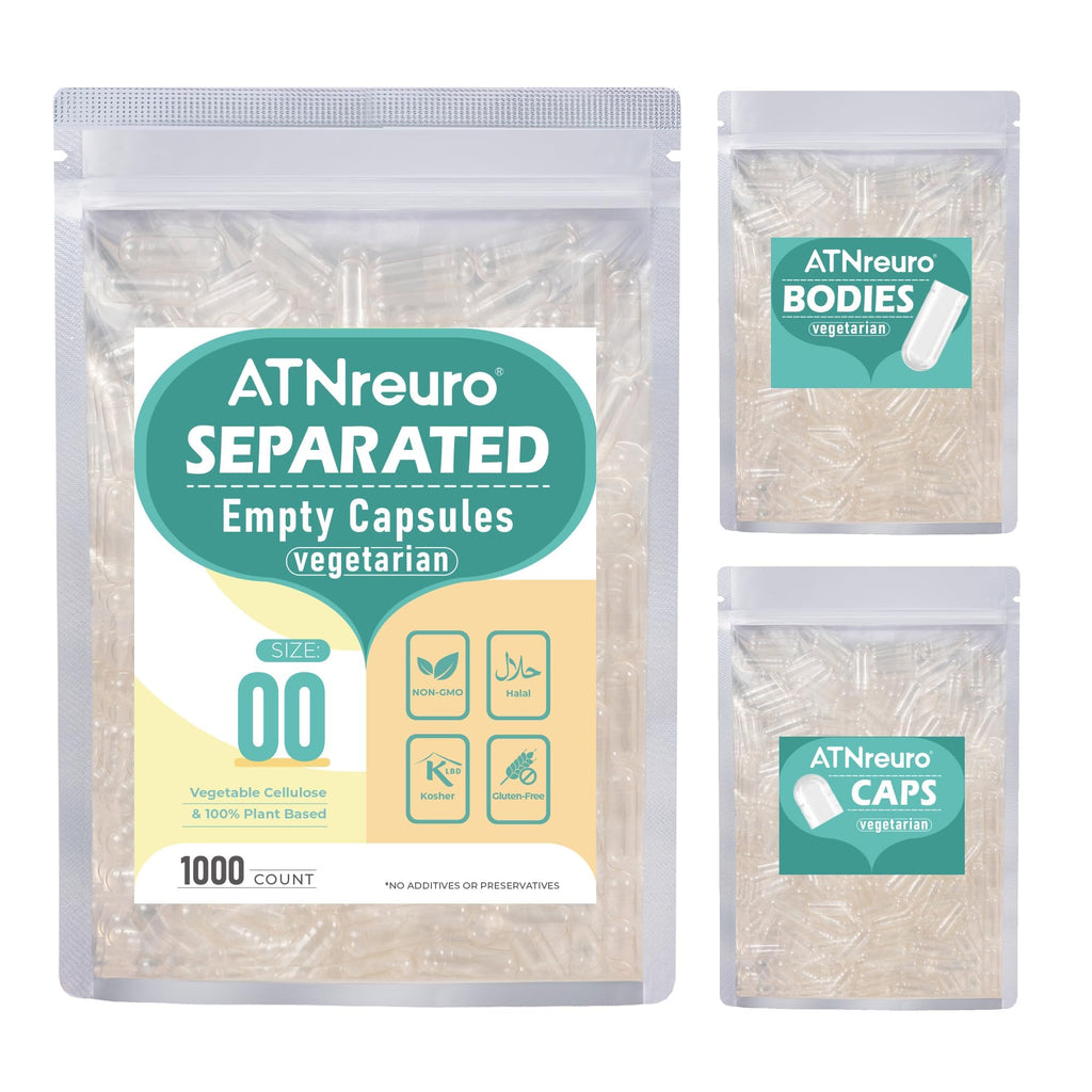 ATNreuro Vegan Separated Empty Capsules Size 00 (1000 Count), HPMC Pill Capsules Empty for DIY Supplement Filling