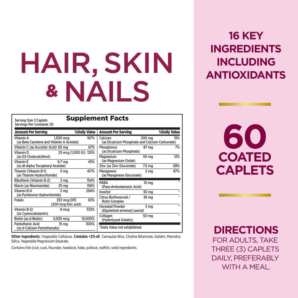 Nature's Bounty Optimal Solutions Hair, Skin & Nails Formula, with 3,000 mcg Biotin, 20 Total Servings, 60 Coated Caplets (Pack of 2)