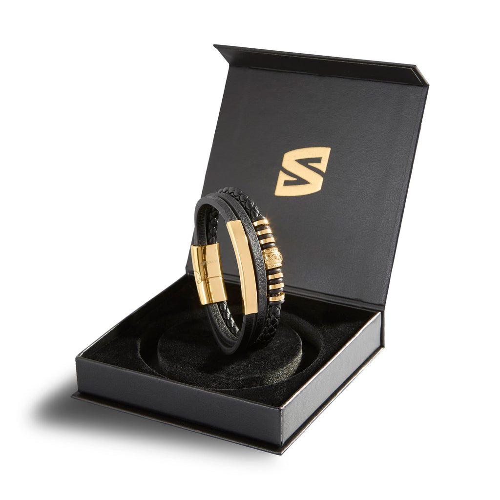 SERASAR Leather Men Bracelet Black Gold Steel Braided Jewelry Gift 8 inch