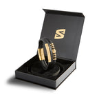SERASAR Leather Men Bracelet Black Gold Steel Braided Jewelry Gift 8 inch