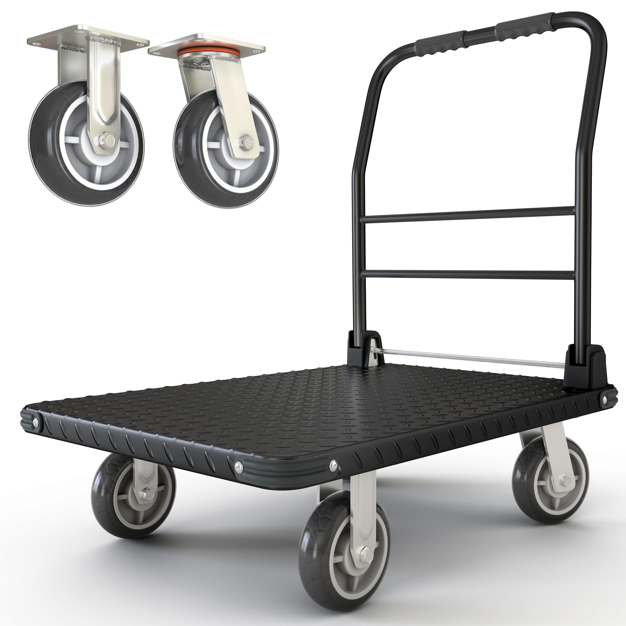 2200 lbs. Capacity Foldable Push Cart Dolly | Moving Platform Hand Truck | Heavy Duty Space Saving Collapsible | Swivel Flat Bed Wagon - Furniture Luggage Lifting