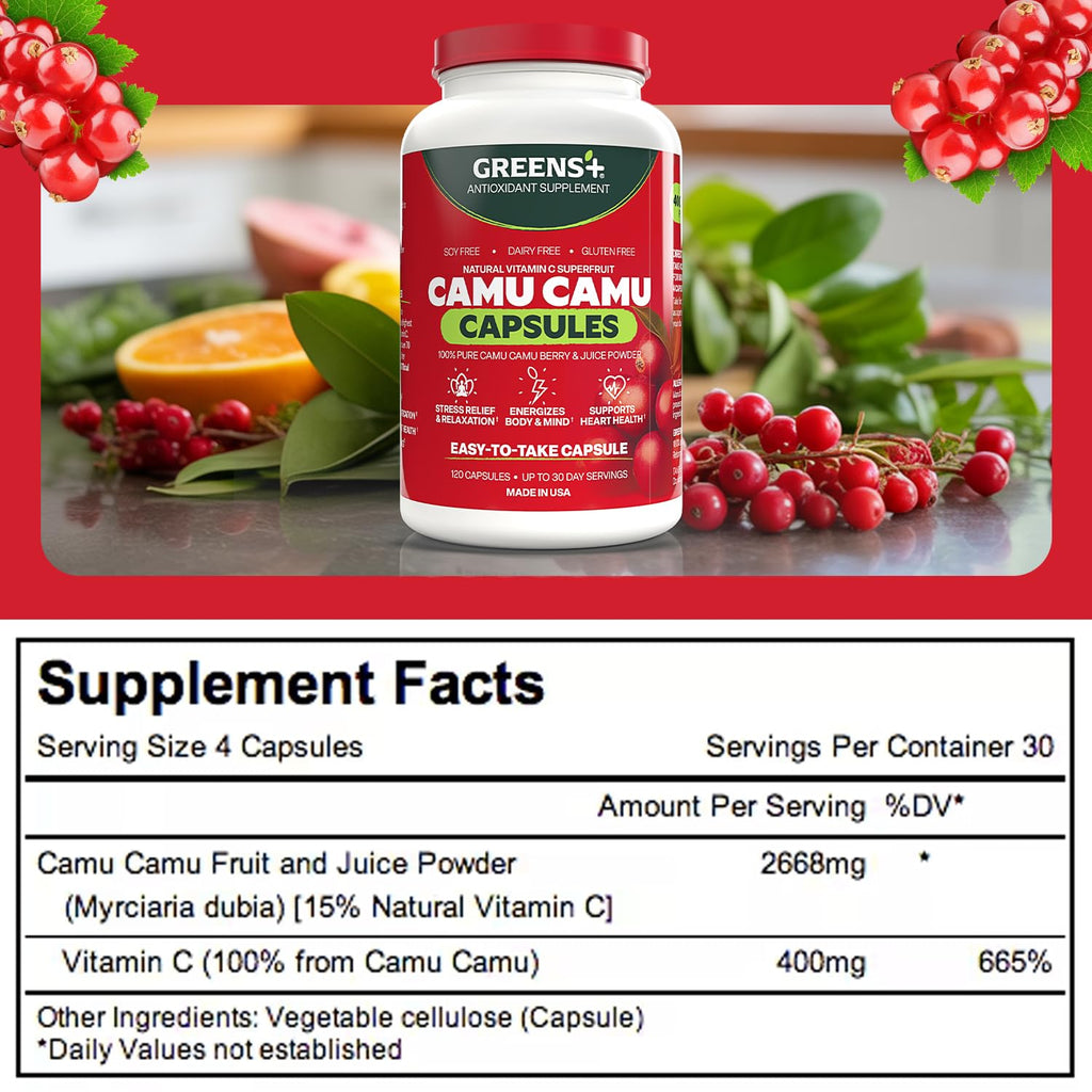 Greens+ SuperFruit Supplement, Amazon Camu Berry with Vitamins & Minerals, High ORAC Antioxidants, 400mg Natural Vitamin C, 120 Veggie Capsules