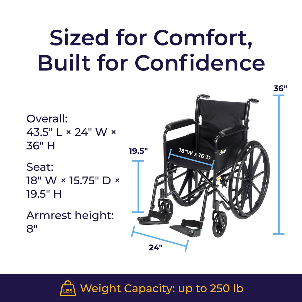Drive Medical Silver Sport 1 Folding Transport Wheelchair - Lightweight Mobility Support - Full Armrests - Removable Swing-Away Footrests - Durable Steel Construction - Compact Folding Frame - Black