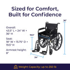 Drive Medical Silver Sport 1 Folding Transport Wheelchair - Lightweight Mobility Support - Full Armrests - Removable Swing-Away Footrests - Durable Steel Construction - Compact Folding Frame - Black