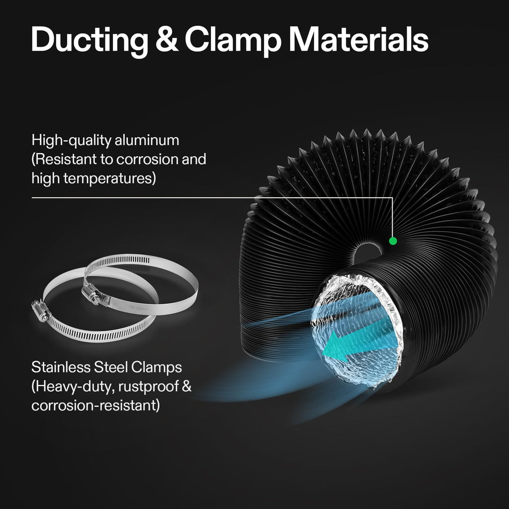 VIVOSUN Dryer Vent Hose, 4 inch Aluminum Foil Ducting, 16FT Long Heavy-Duty Dryer Hose Vent Kit for HVAC Ventilation, Exhaust, Duct Fan Systems, Black Flexible Air Duct w/ 2 Clamps