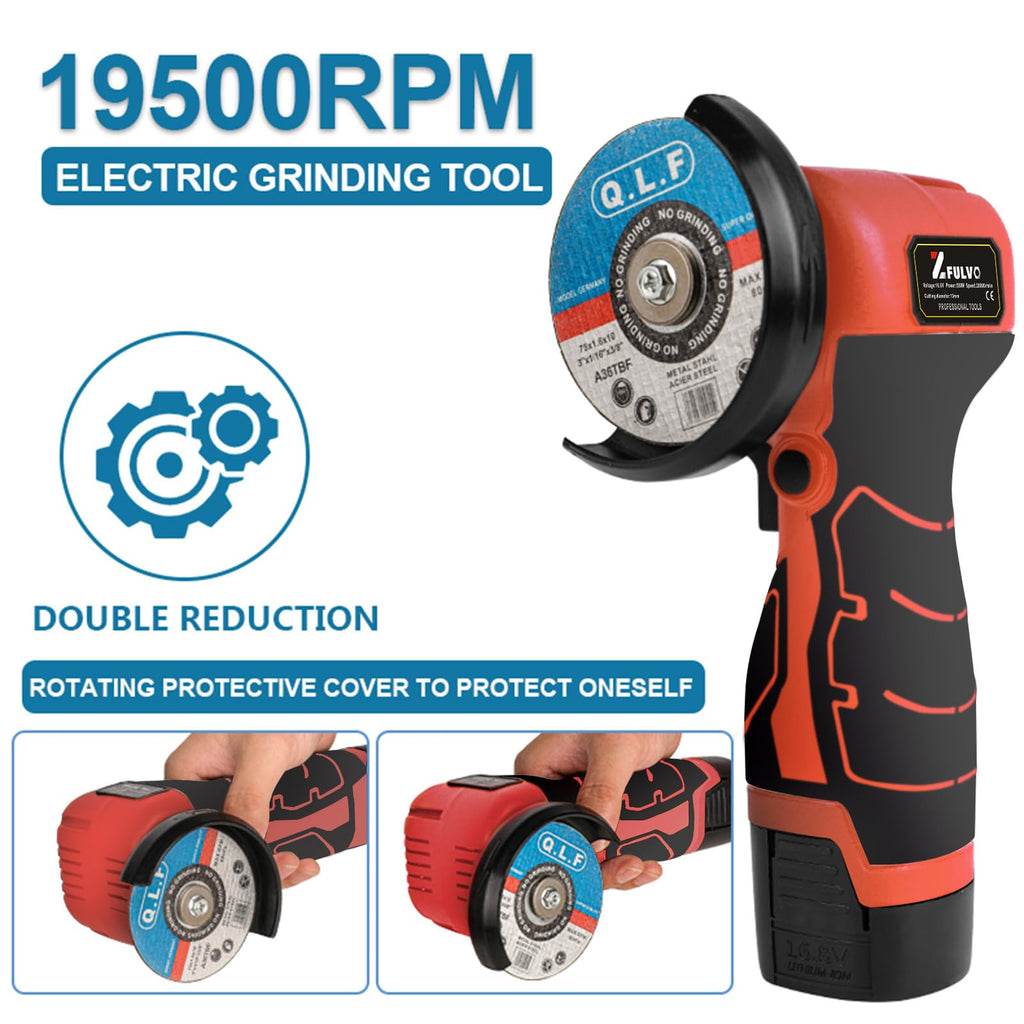 ZFULVO Cordless Brush Angle Grinder Kit, 19500rpm Mini Electric Angle Grinding Tool with 2pcs 16.8V 2000mAh Batteries and 6-Cutting Discs, Grinder Handheld Cutter for Metal Wood