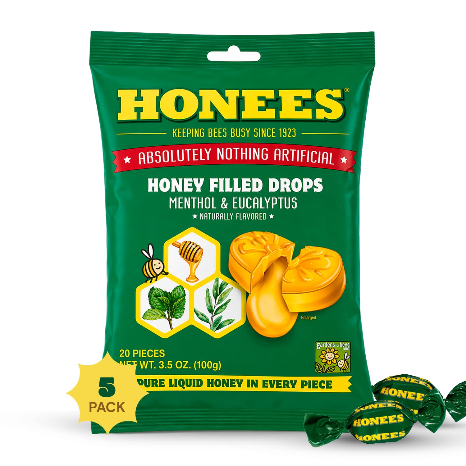 Honees Filled Menthol Cough Drops, Honey, Menthol & Eucalyptus Cough Drops- Natural Sore Throat Relief - Nothing Artificial -Throat Lozenges, Non-GMO (5 Pack - 100 Drops)